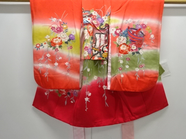 JAPANESE KIMONO / KIMONO FOR KIDS / SILK / FLOWERS & CARRIAGE & SPOOL